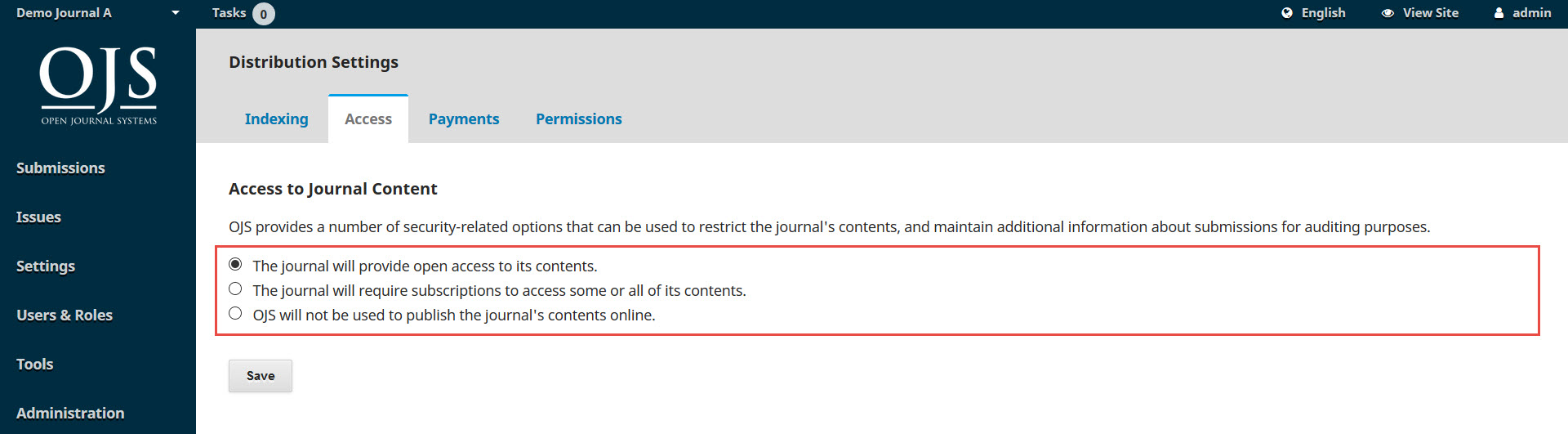 OJS 3.x distribution settings access