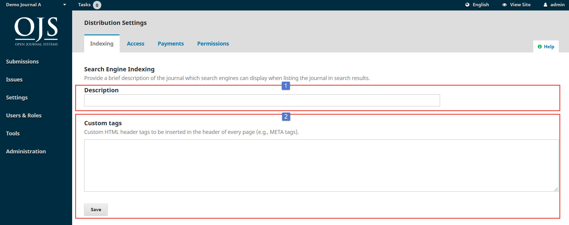 OJS 3.x distribution settings indexing