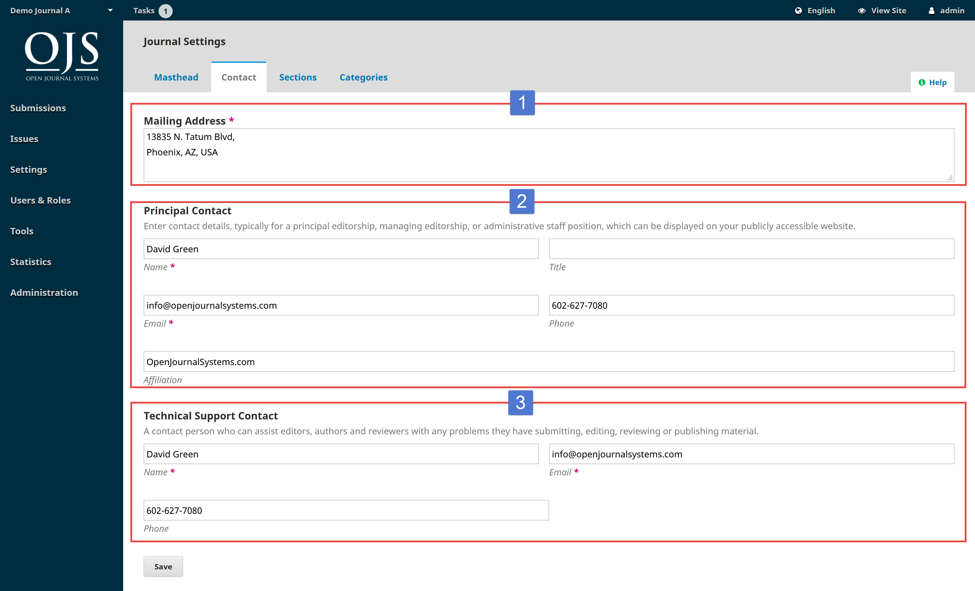OJS 3.x Journal Settings Contact