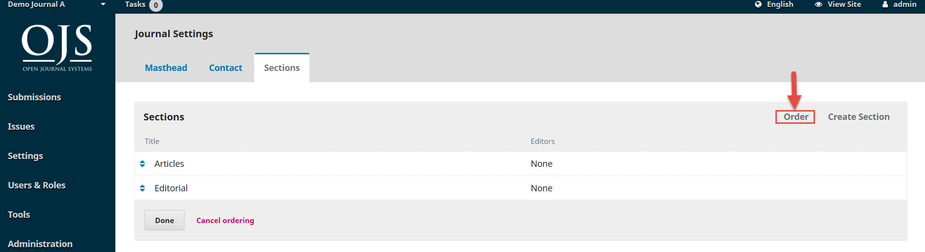 OJS 3.x section order