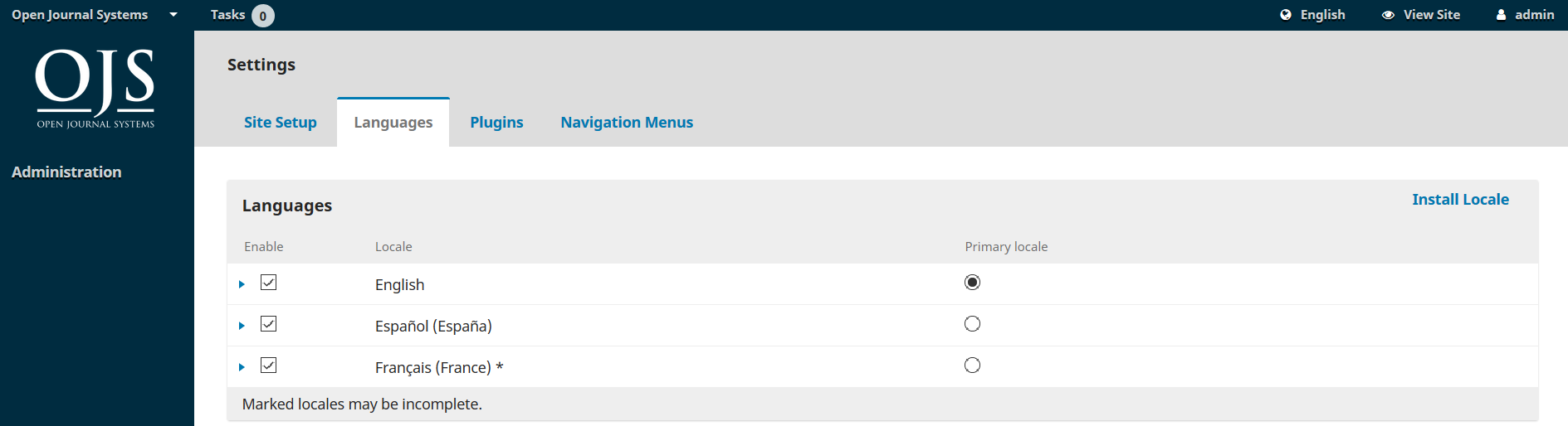 OJS 3.x site settings languages