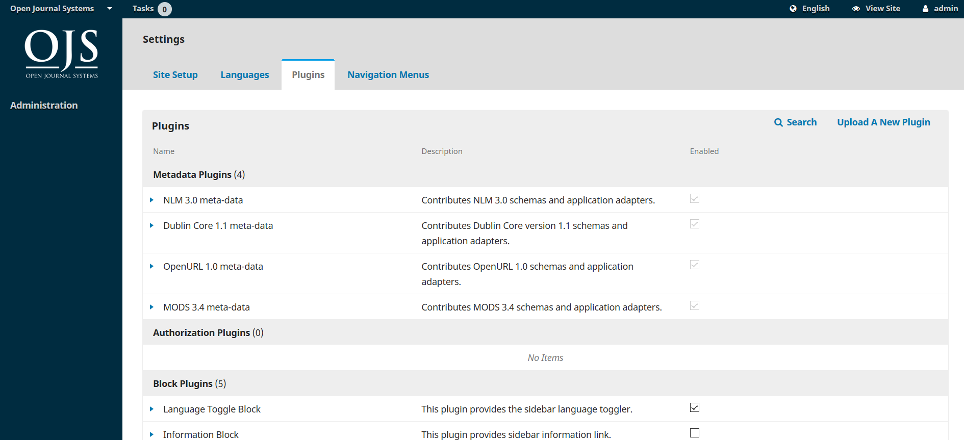 OJS 3.x site settings plugins