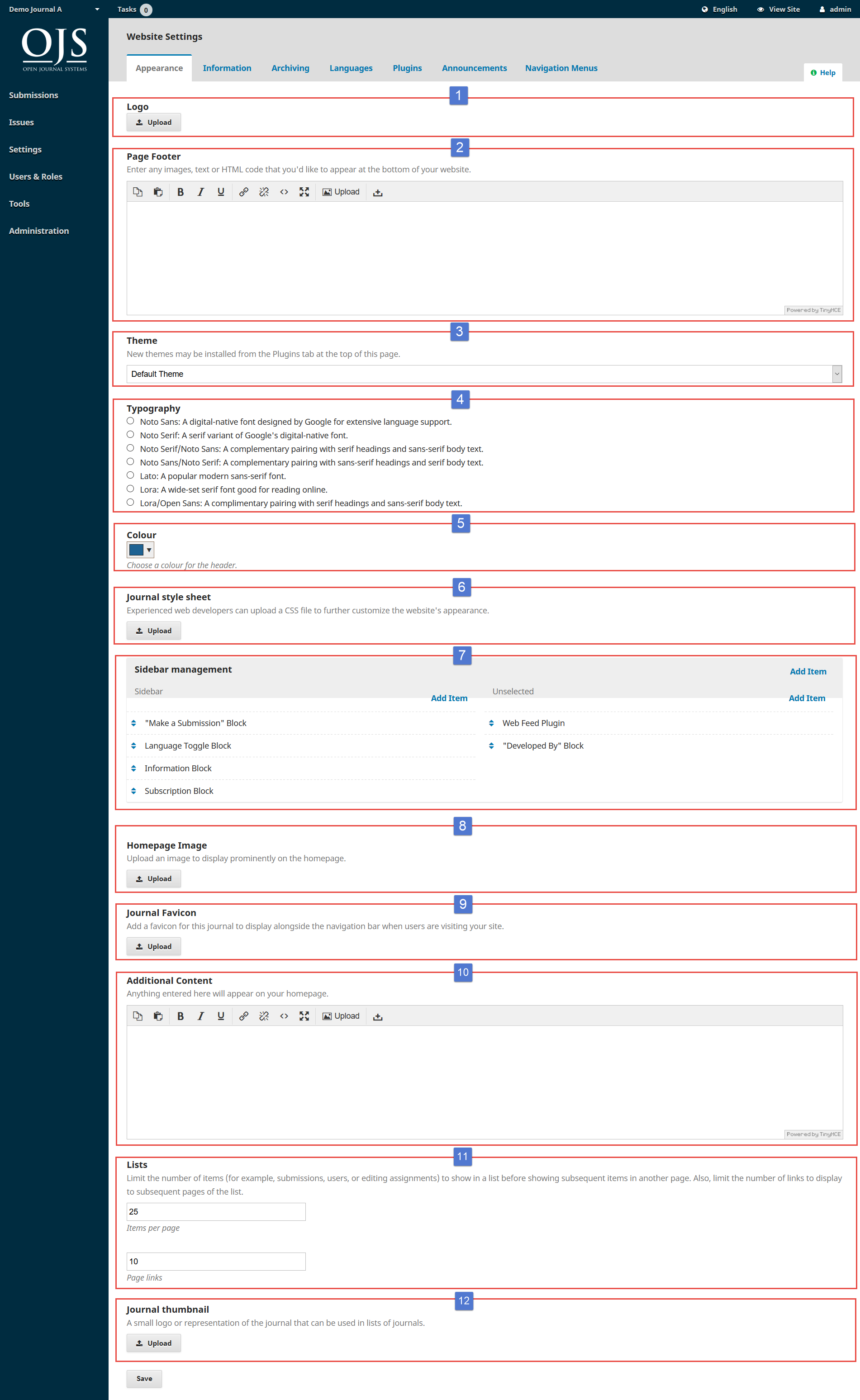 OJS 3.x website settings appearance