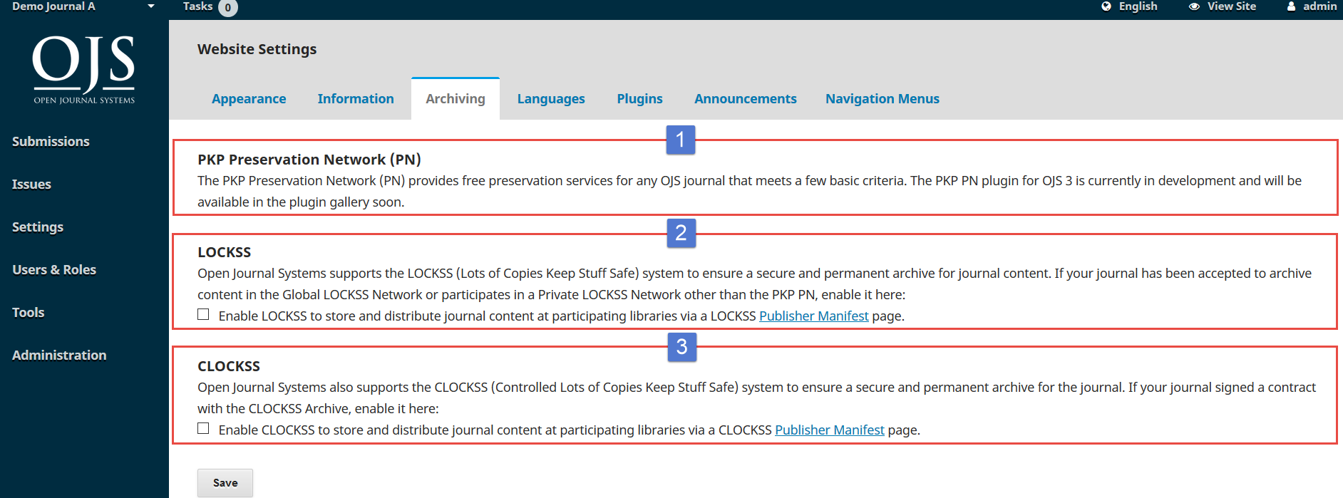 OJS 3.x website settings archiving