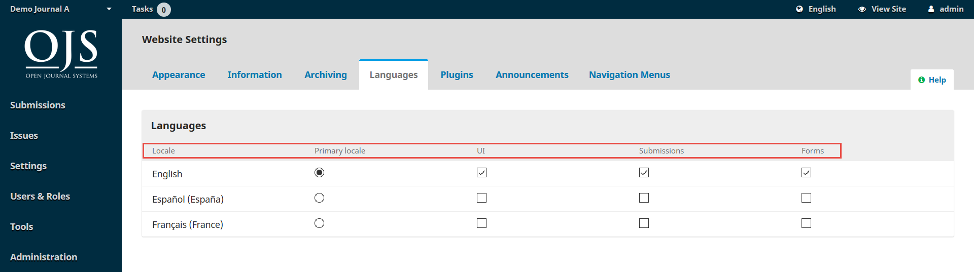 OJS 3.x website settings languages