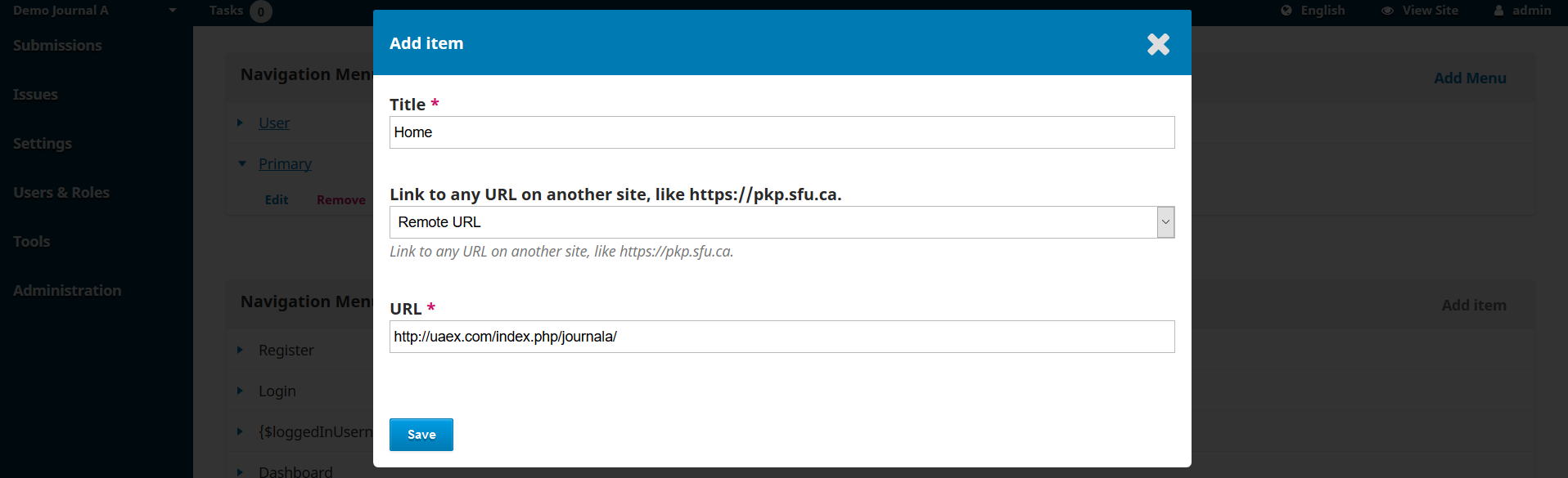 OJS 3.x website settings navigation menus add item