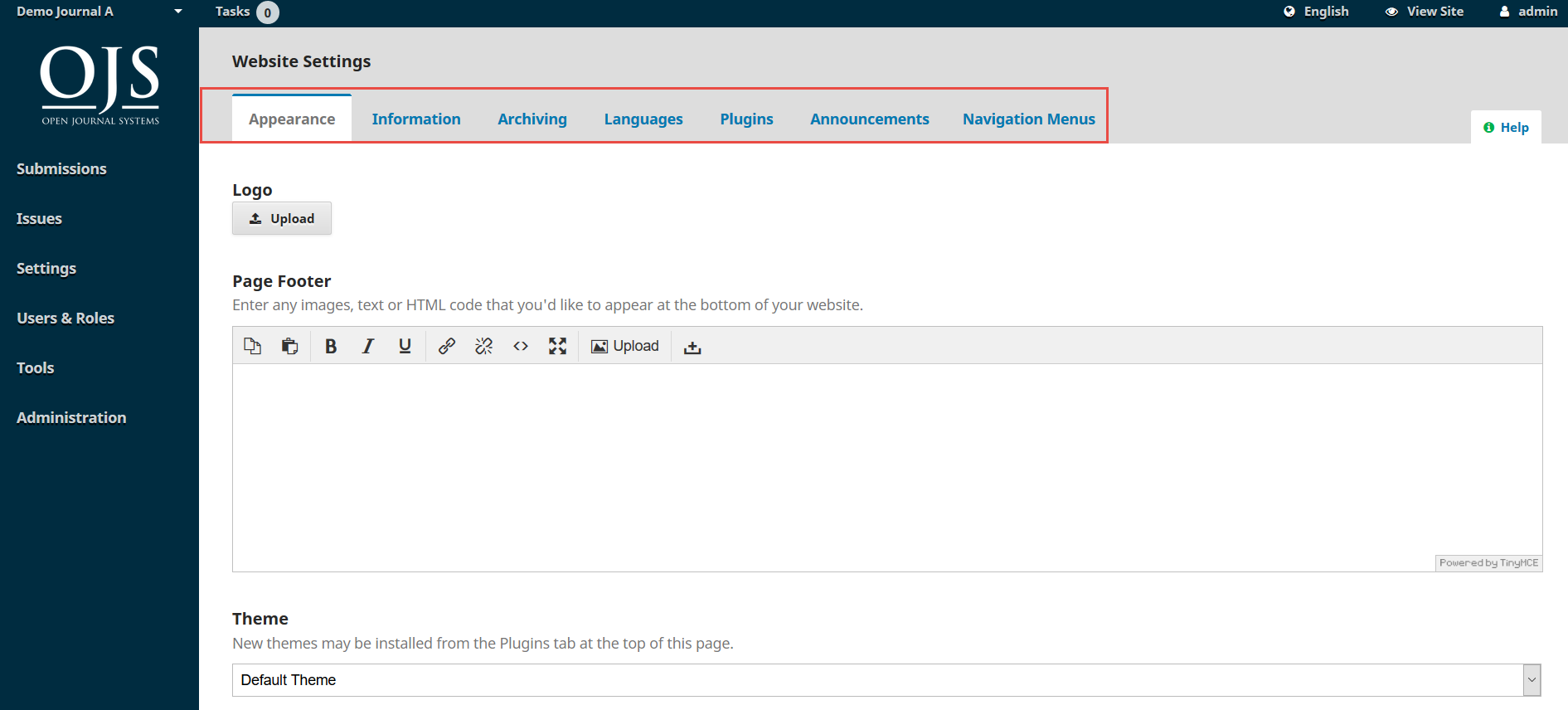 OJS 3.x website settings