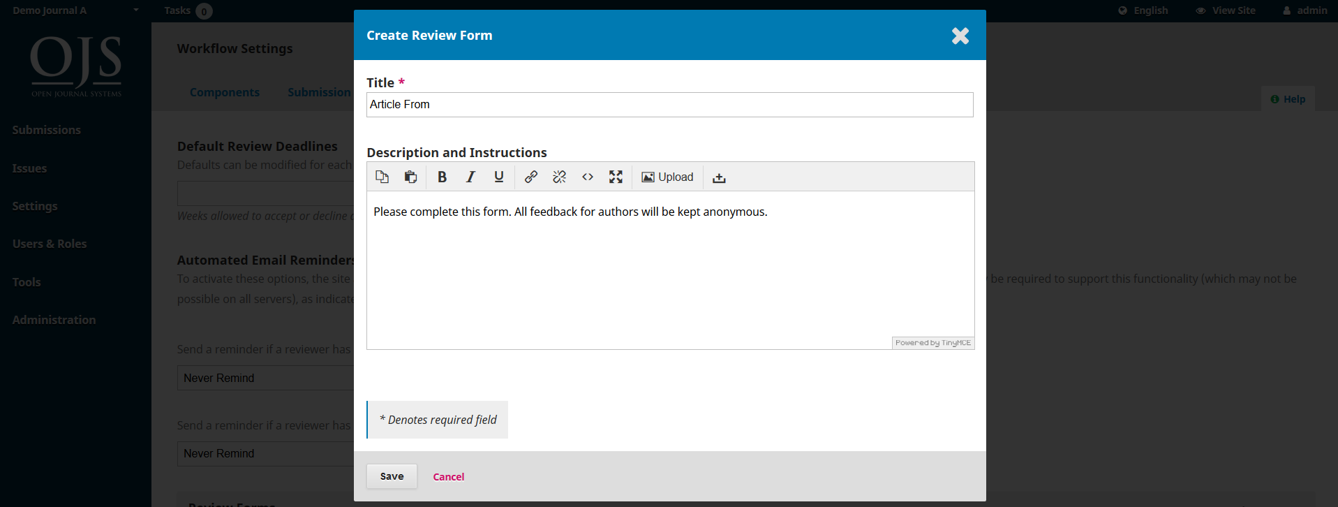 OJS 3.x workflow settings create review form