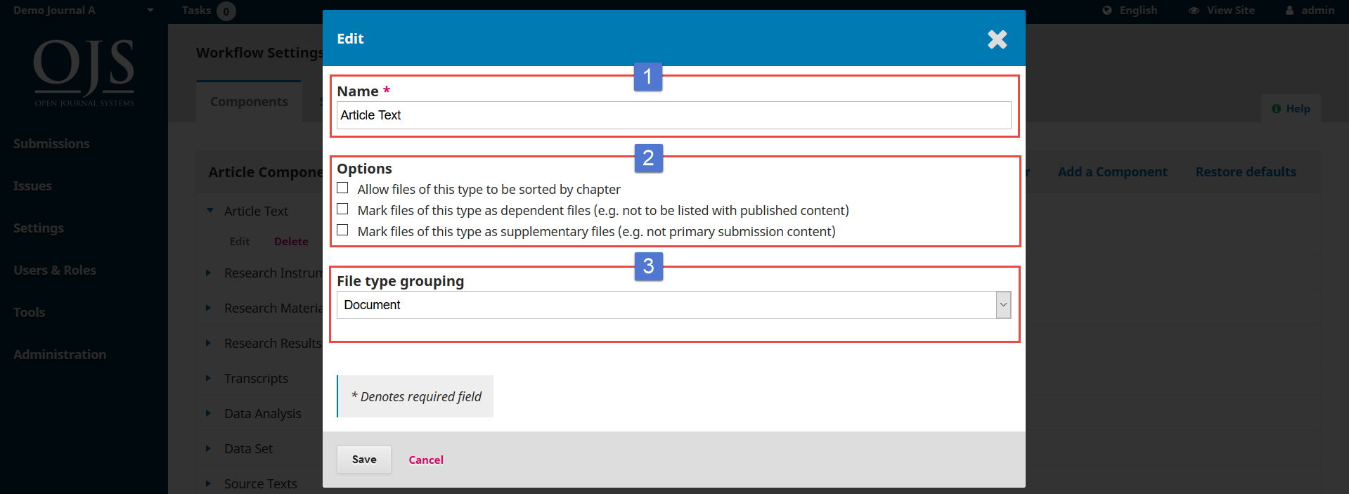 OJS 3.x workflow settings edit components