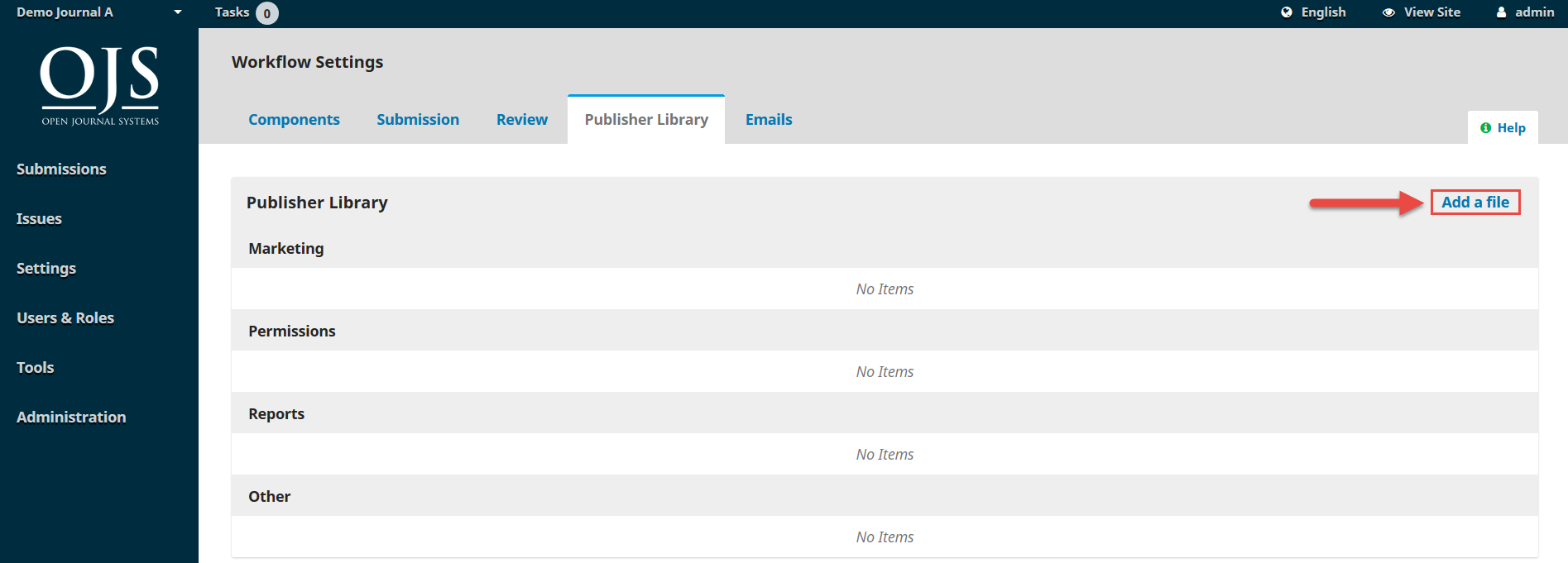 OJS 3.x workflow settings publisher library