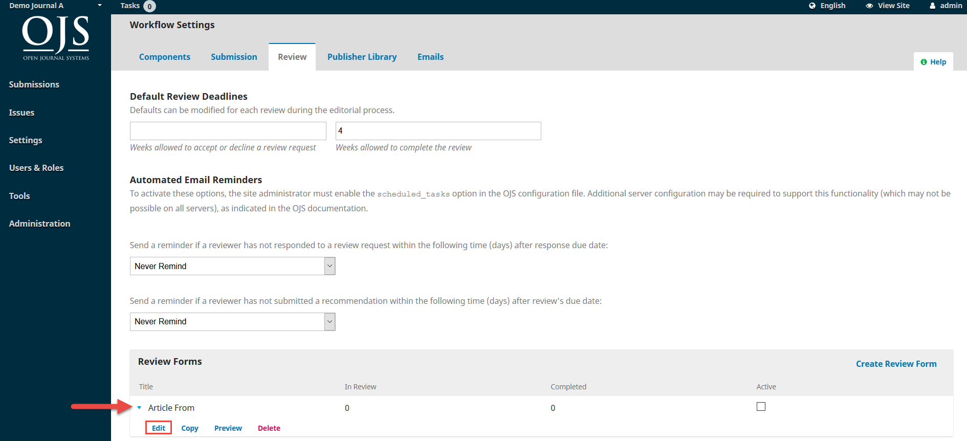 OJS 3.x workflow settings review form edit