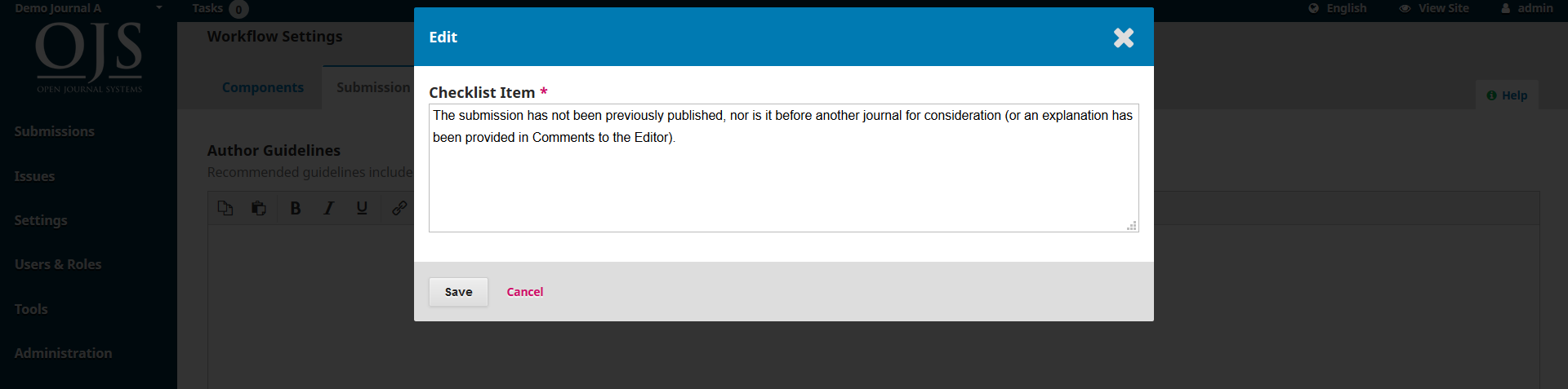 OJS 3.x workflow settings submission checklist edit