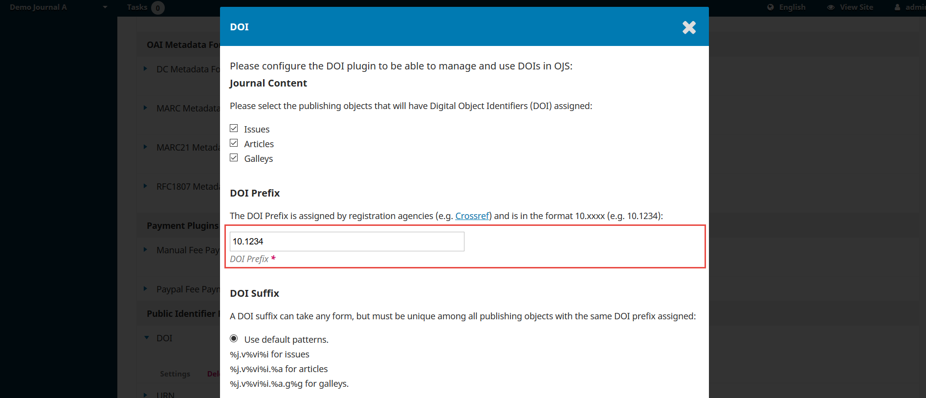 OJS 3 DOI plugin DOI prefix