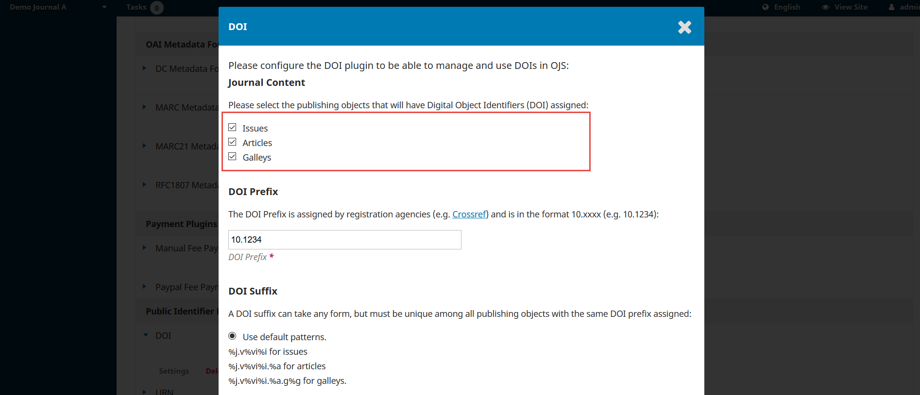 OJS 3.x DOI plugin publishing objects